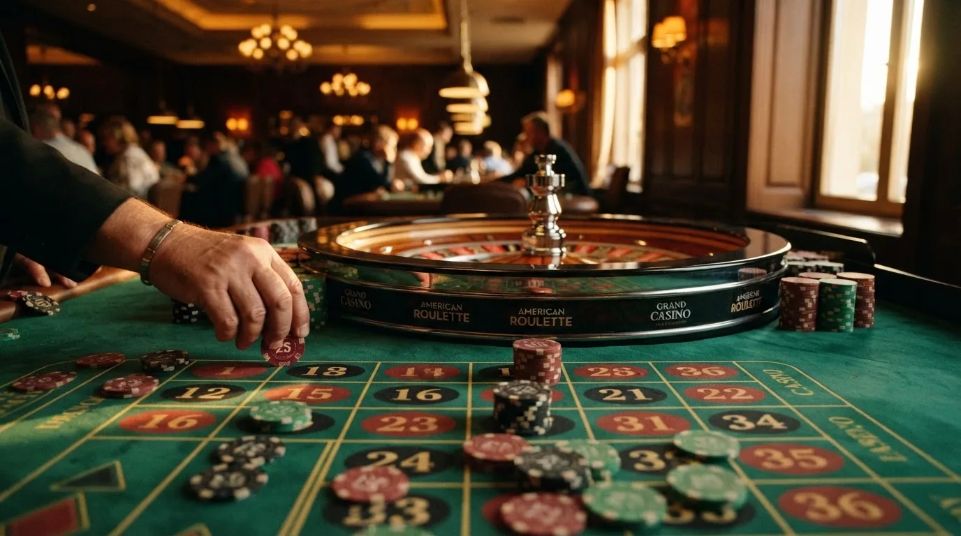 Roda de roleta e fichas sobre feltro verde, sob uma luz quente de fim de tarde — casinos com bônus em portugal
