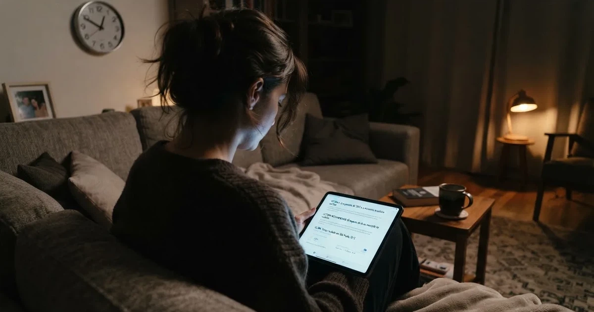 Pessoa num sofá a olhar pensativa para um tablet, com um relógio na parede atrás — casinos com bônus em portugal
