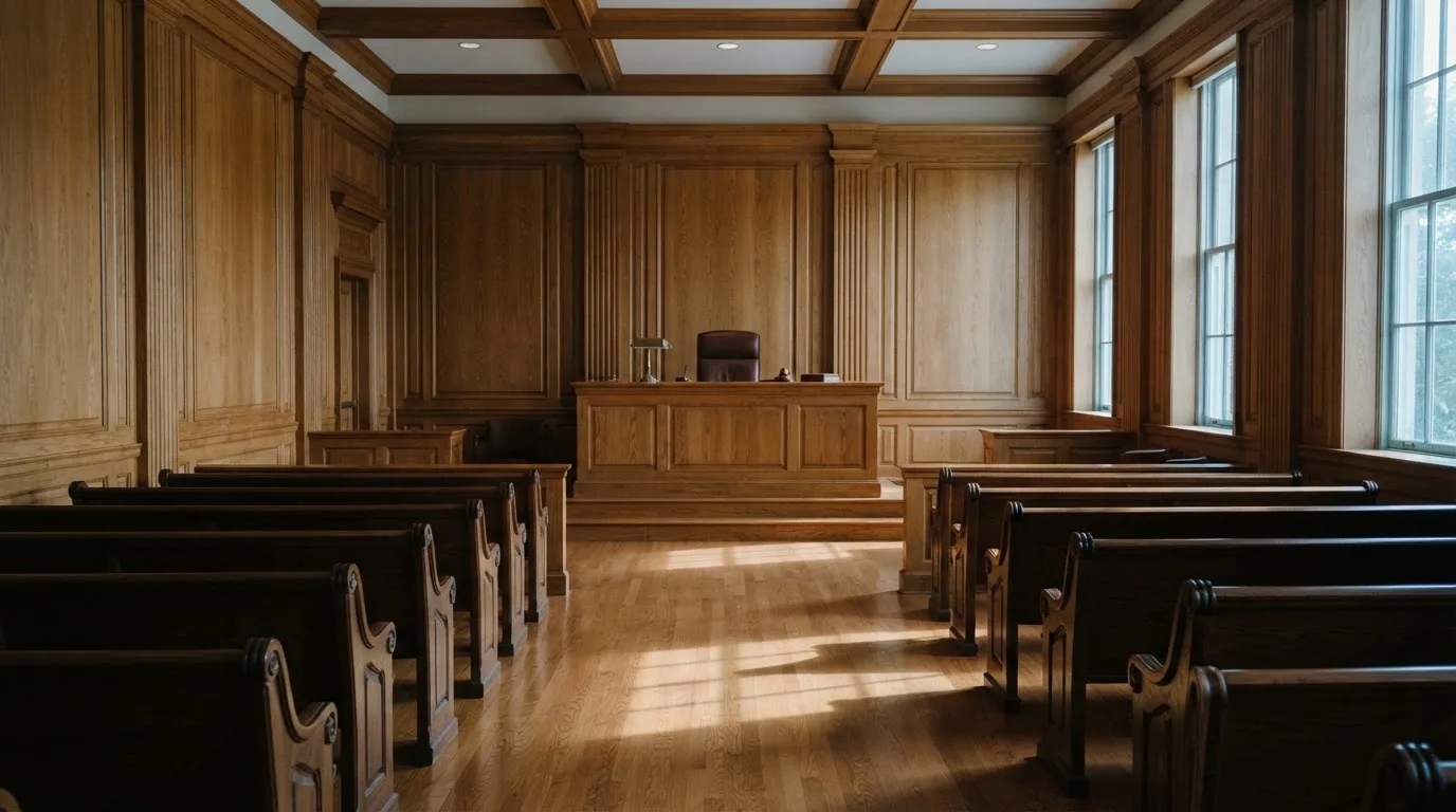 Sala de tribunal vazia com painéis de madeira, à luz da manhã — casinos com depósito mínimo pt