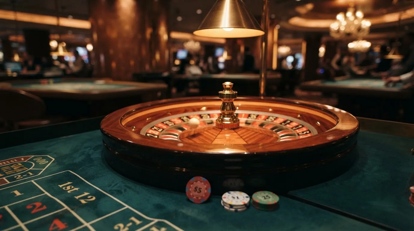 Roda de roleta e fichas sobre feltro verde, sob uma luz quente de fim de tarde — casinos com depósito mínimo pt