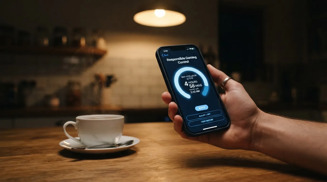 Mão a segurar um telemóvel ao lado de uma chávena de chá numa mesa de cozinha, numa noite tranquila — casinos com dinheiro em portugal