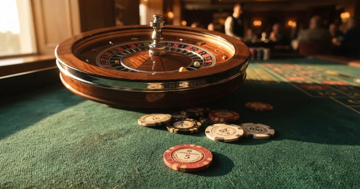 Roda de roleta e fichas sobre feltro verde, sob uma luz quente de fim de tarde — casinos com dinheiro em portugal