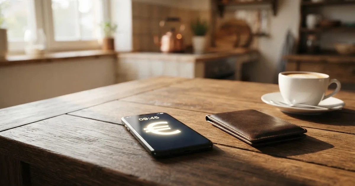 Telemóvel numa mesa de madeira ao lado de uma carteira e de uma chávena de café — casinos com google pay em portugal