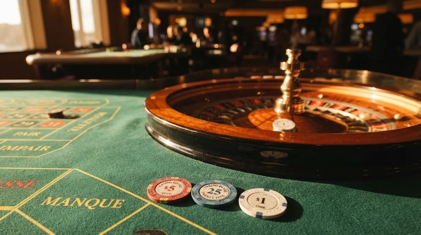 Roda de roleta e fichas sobre feltro verde, sob uma luz quente de fim de tarde — casinos com maestro em portugal