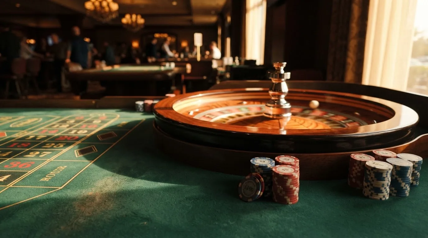 Roda de roleta e fichas sobre feltro verde, sob uma luz quente de fim de tarde — casinos com mastercard em portugal