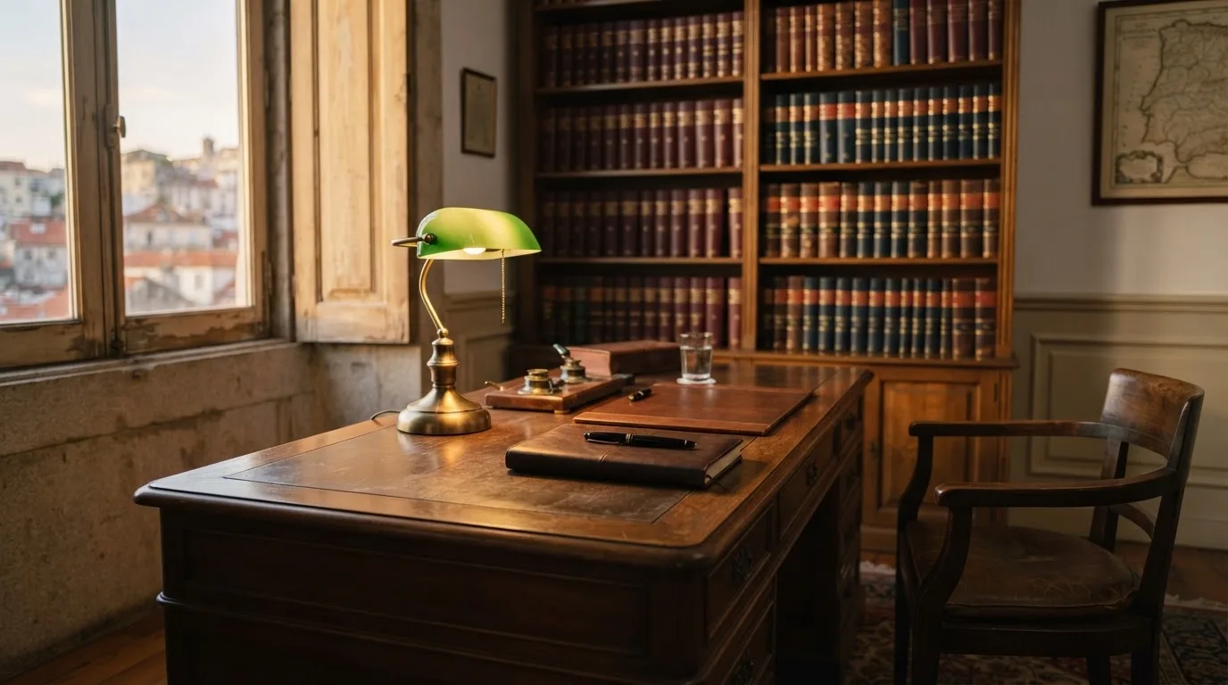 Escritório de advocacia com secretária de madeira, candeeiro de leitura e estantes de livros, sem pessoas, luz tranquila de fim de tarde.