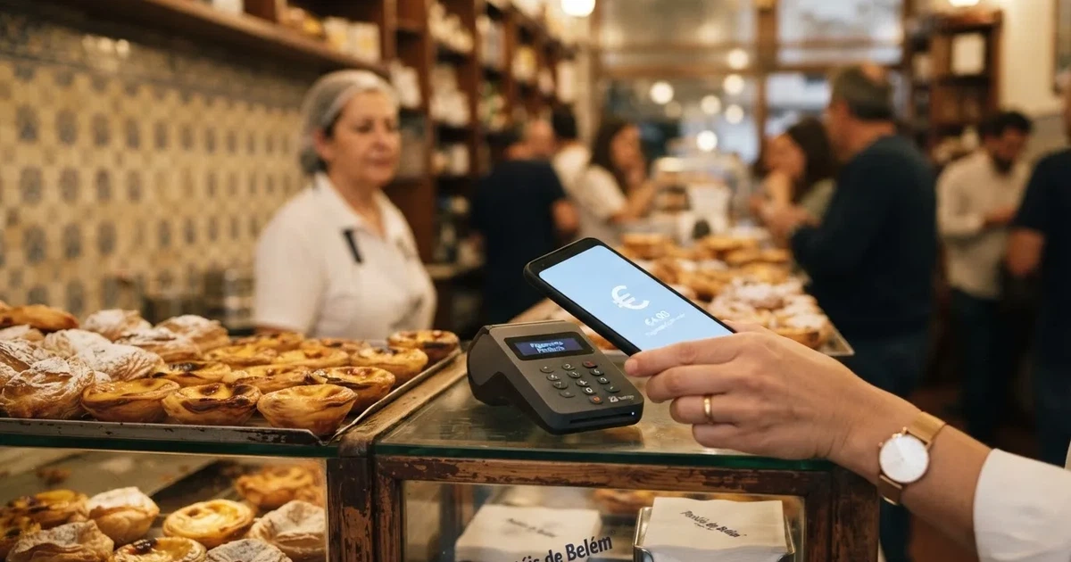 Cliente numa pastelaria portuguesa a pagar com o telemóvel num terminal discreto, balcão de vidro com pastéis desfocados ao fundo.