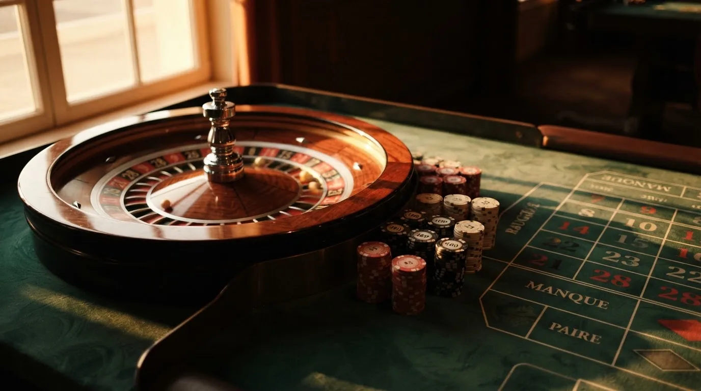 Roda de roleta e fichas sobre feltro verde, sob uma luz quente de fim de tarde — casinos com mifinity em portugal