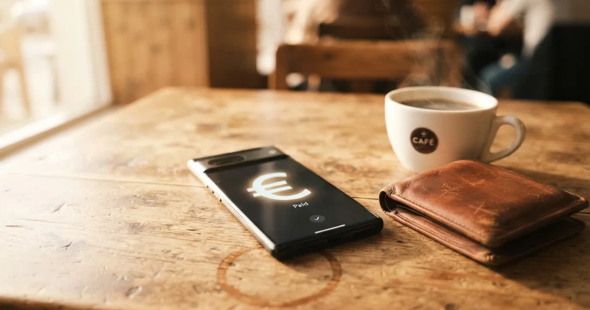 Telemóvel numa mesa de madeira ao lado de uma carteira e de uma chávena de café — casinos com mifinity em portugal