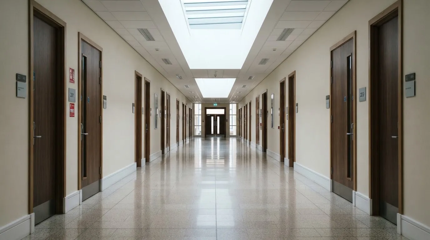 Corredor de um tribunal moderno com portas de madeira e pavimento polido, sem pessoas, luz natural vinda de uma claraboia.