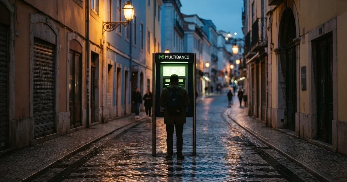 Pessoa de costas a usar um terminal bancário de rua ao anoitecer, com reflexos de candeeiros na calçada molhada.