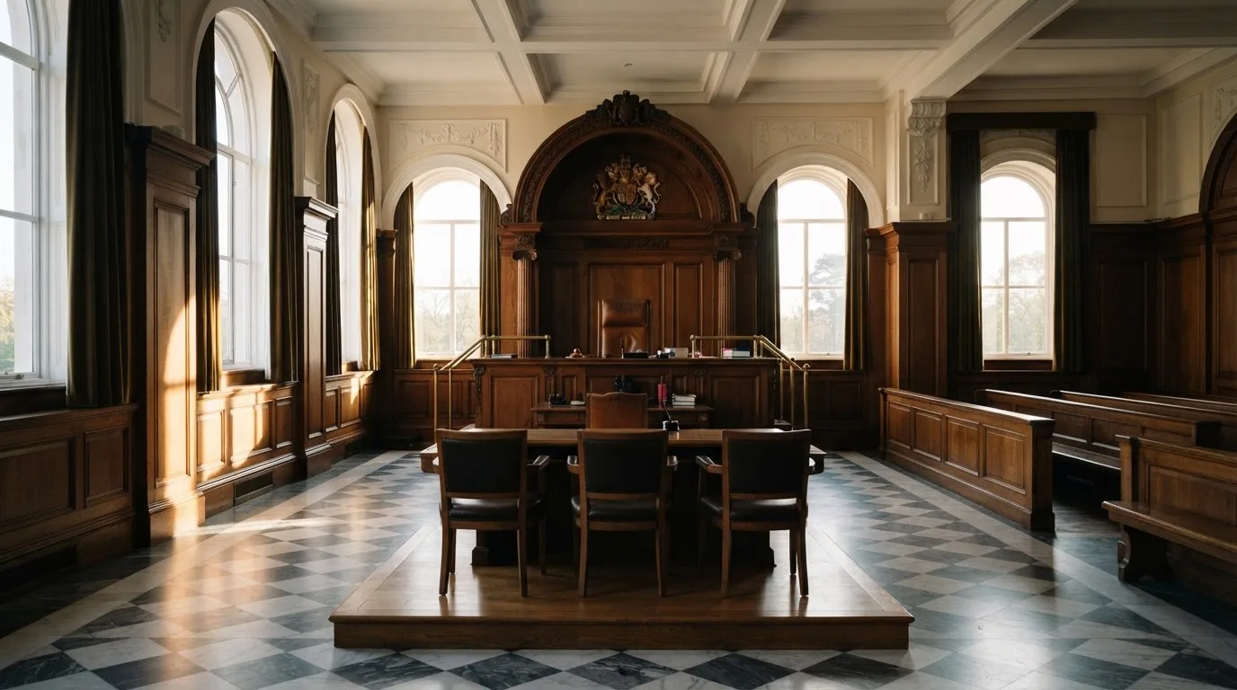 Sala de tribunal vazia com painéis de madeira, à luz da manhã — casinos com neteller em portugal