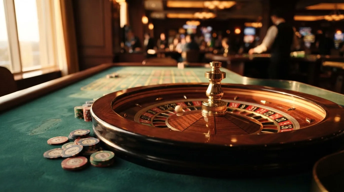 Roda de roleta e fichas sobre feltro verde, sob uma luz quente de fim de tarde — casinos com neteller em portugal