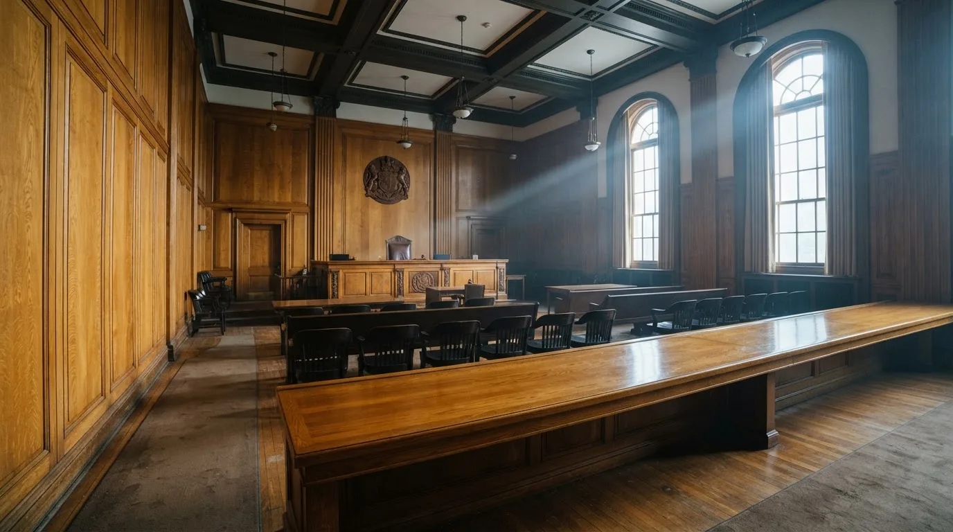 Sala de tribunal vazia com painéis de madeira, à luz da manhã — casinos com paypal em portugal