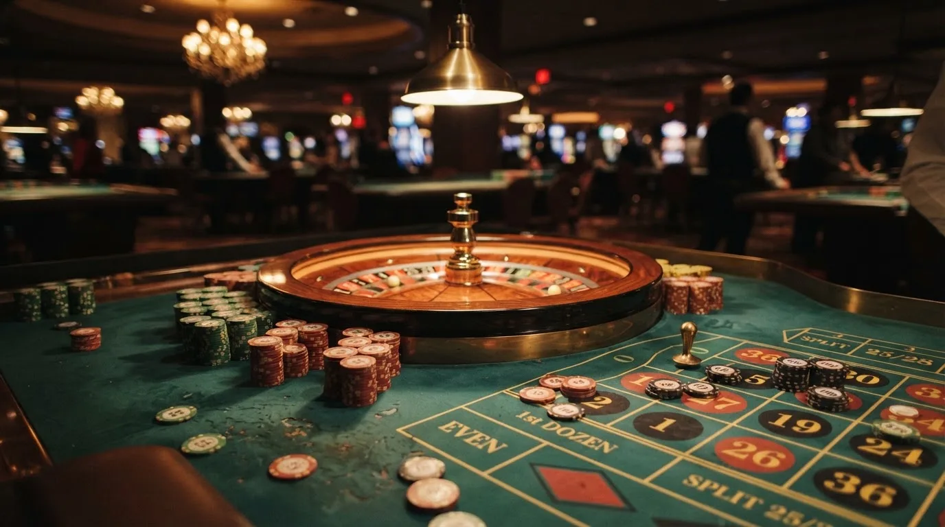 Roda de roleta e fichas sobre feltro verde, sob uma luz quente de fim de tarde — casinos com paypal em portugal