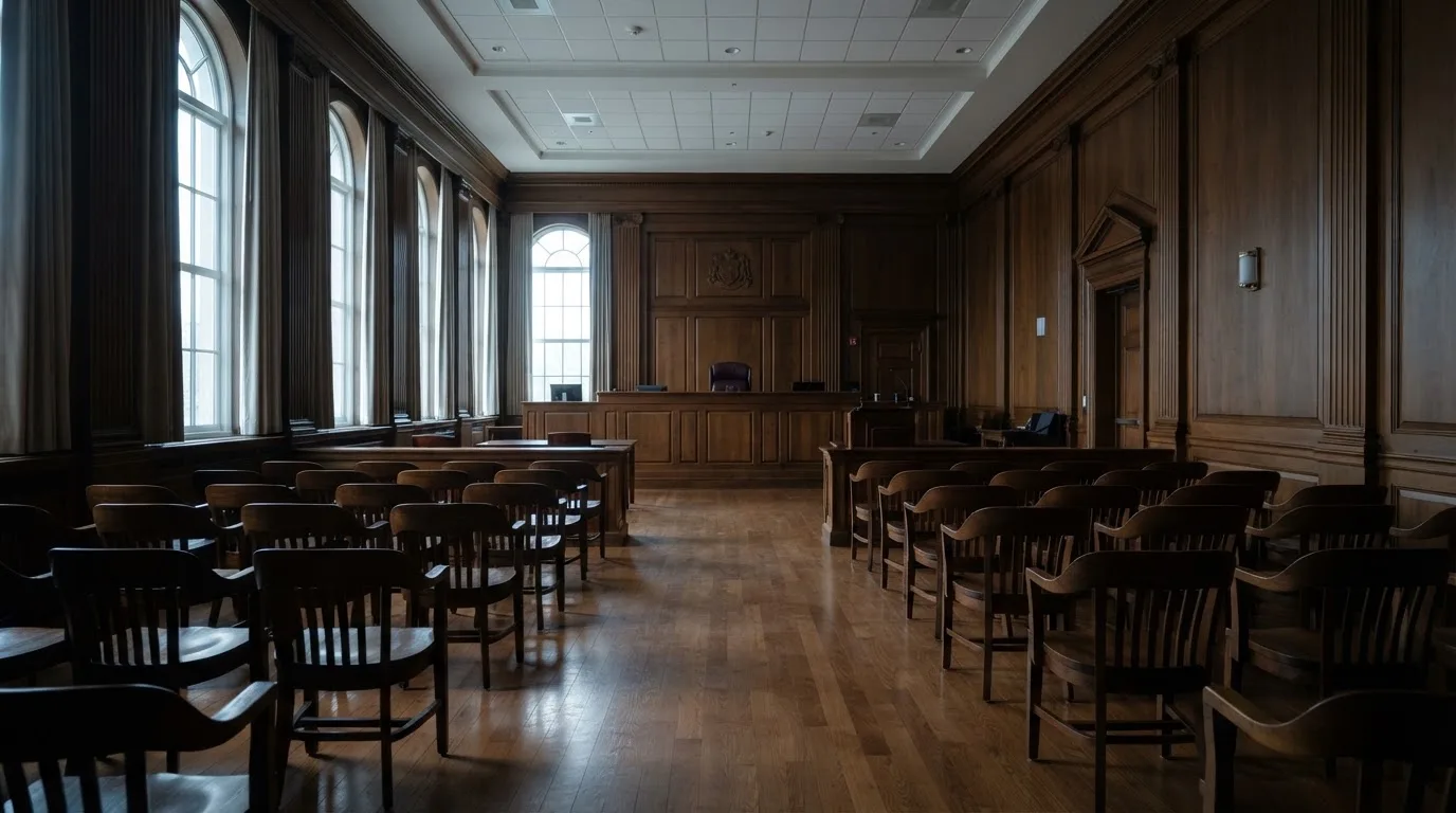 Sala de tribunal vazia com painéis de madeira, à luz da manhã — casinos com paysafecard em portugal