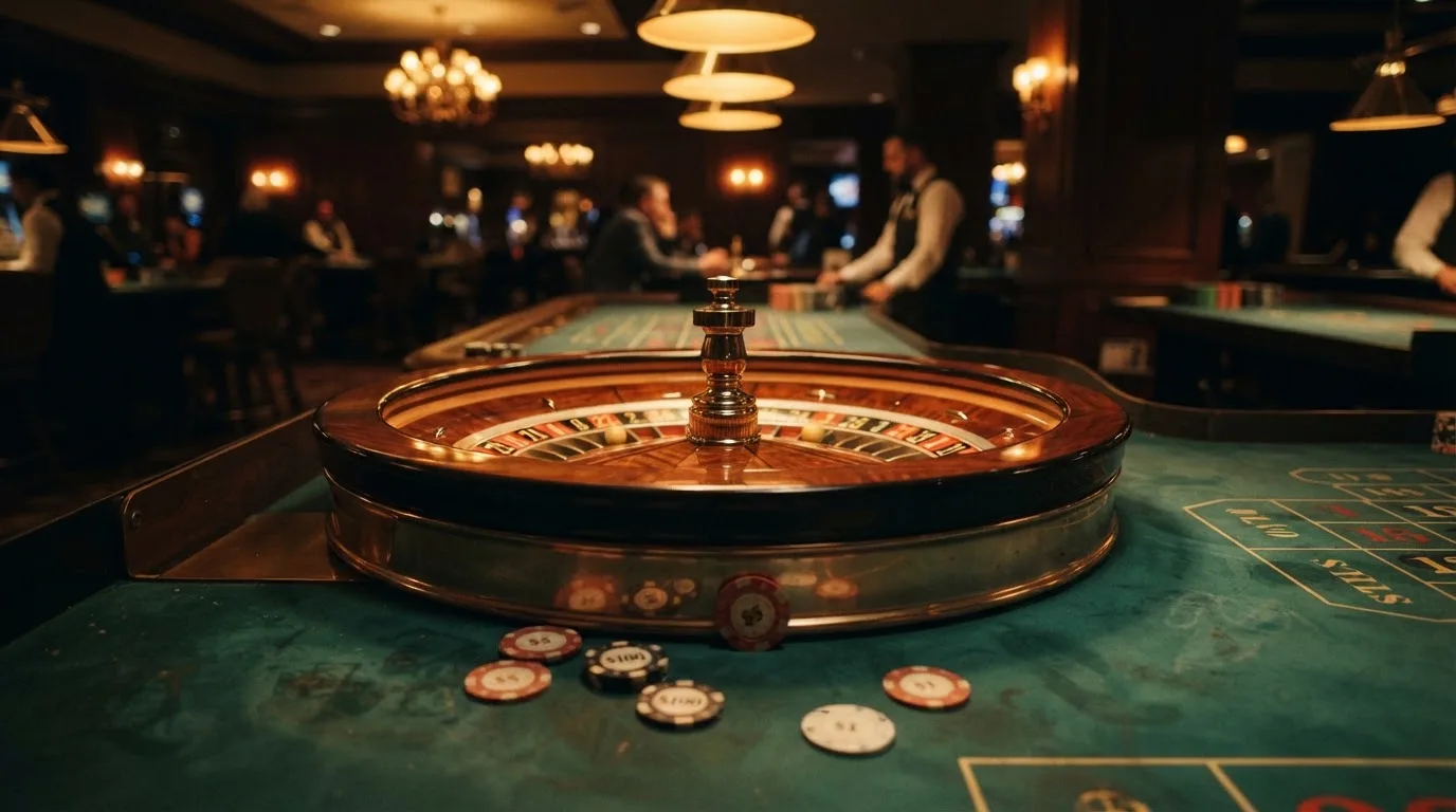 Roda de roleta e fichas sobre feltro verde, sob uma luz quente de fim de tarde — casinos com paysafecard em portugal