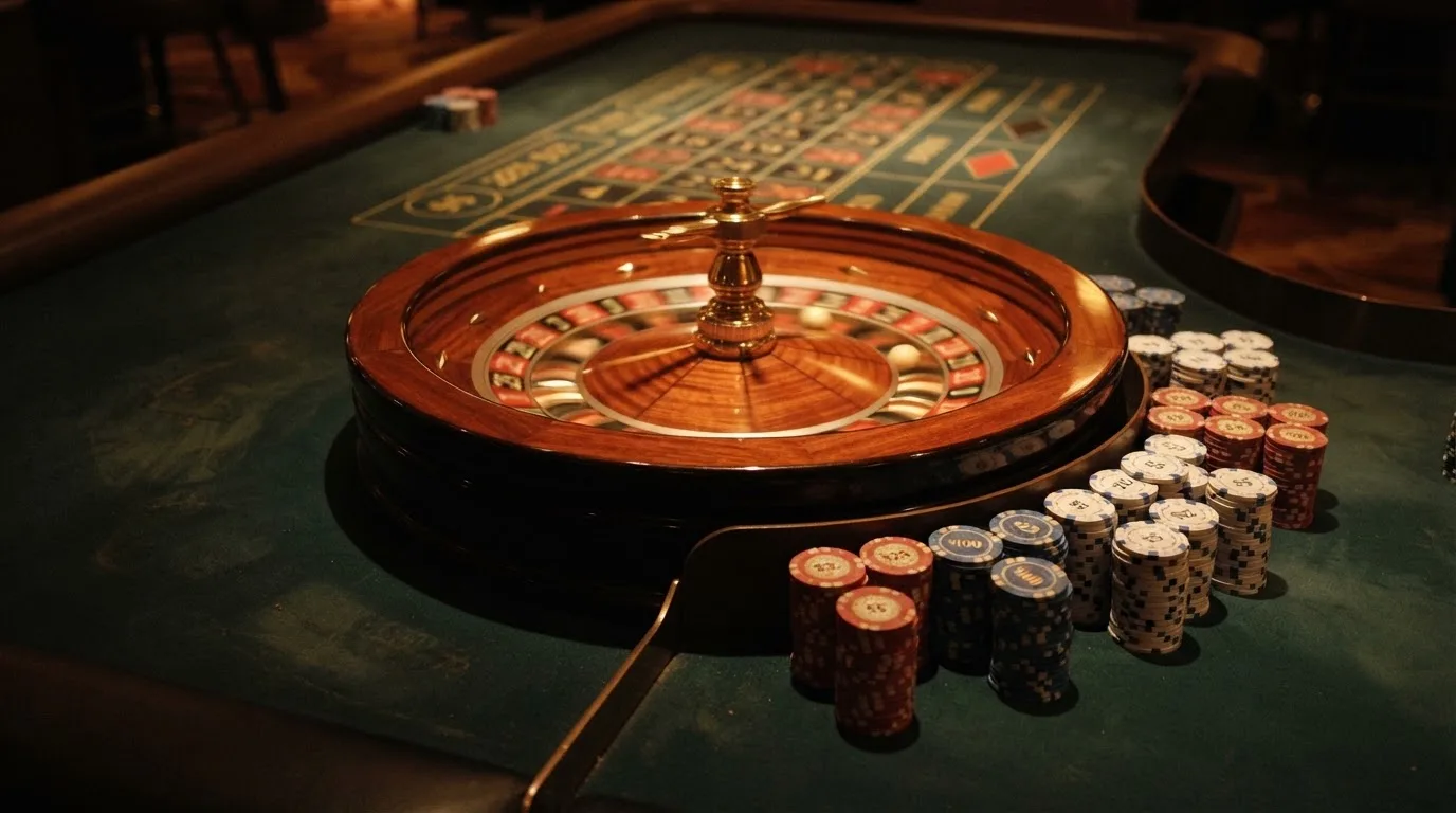 Roda de roleta e fichas sobre feltro verde, sob uma luz quente de fim de tarde — casinos com payu em portugal