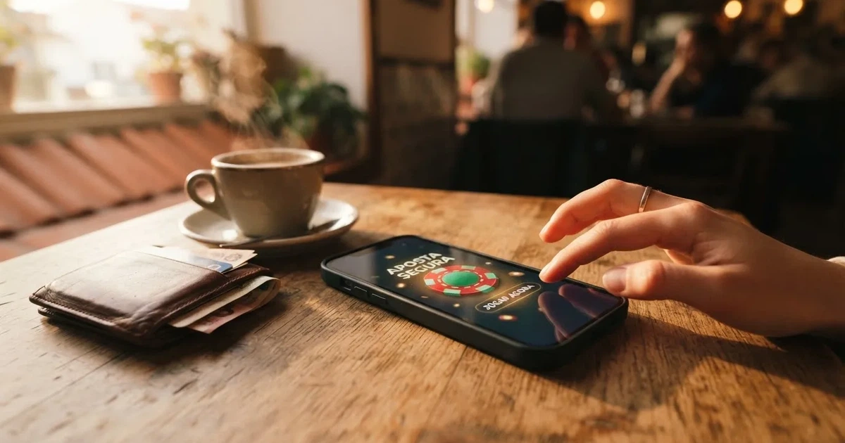 Telemóvel numa mesa de madeira ao lado de uma carteira e de uma chávena de café — casinos com payu em portugal
