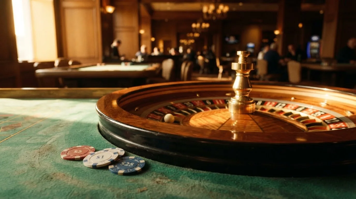 Roda de roleta e fichas sobre feltro verde, sob uma luz quente de fim de tarde — casinos com rodadas em portugal