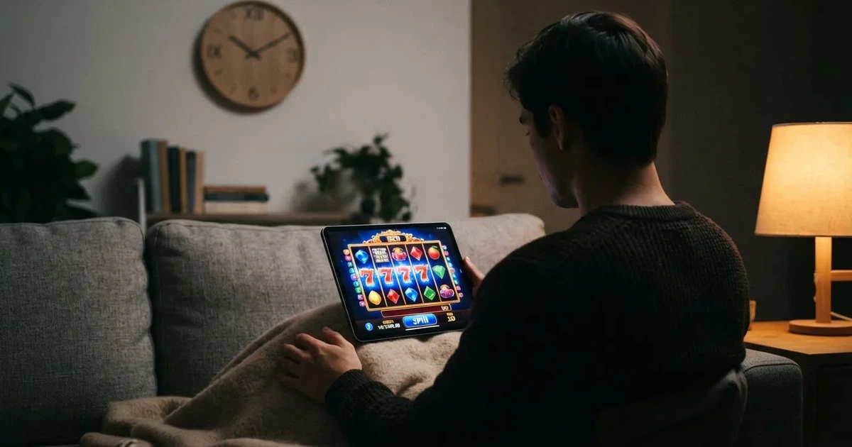Pessoa num sofá a olhar pensativa para um tablet, com um relógio na parede atrás — casinos com rodadas em portugal