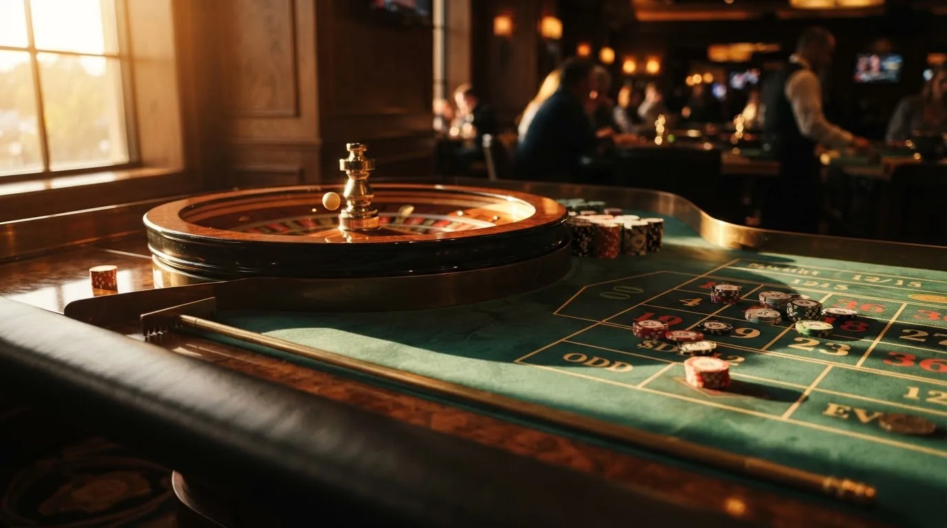 Roda de roleta e fichas sobre feltro verde, sob uma luz quente de fim de tarde — casinos com skrill em portugal
