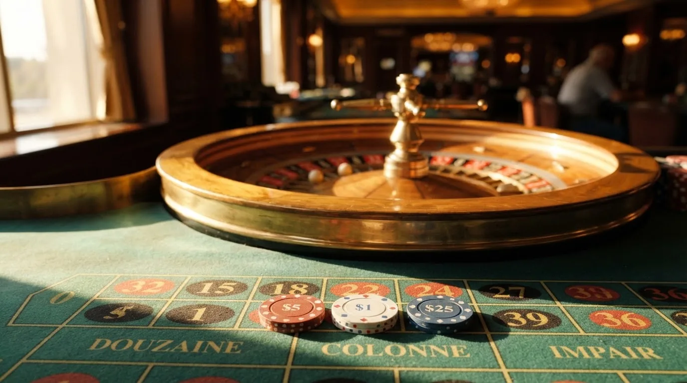 Roda de roleta e fichas sobre feltro verde, sob uma luz quente de fim de tarde — casinos com transferência bancária pt