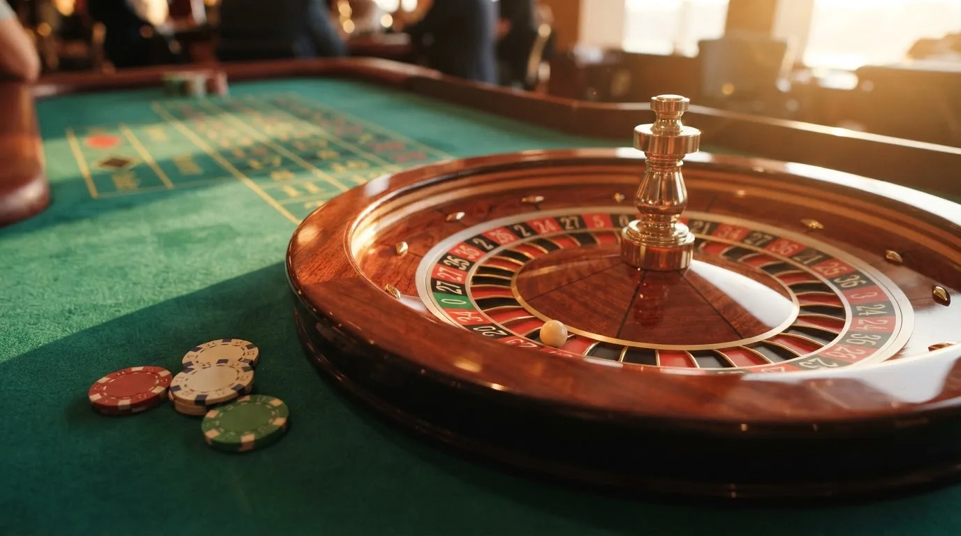 Roda de roleta e fichas sobre feltro verde, sob uma luz quente de fim de tarde — casinos com visa em portugal