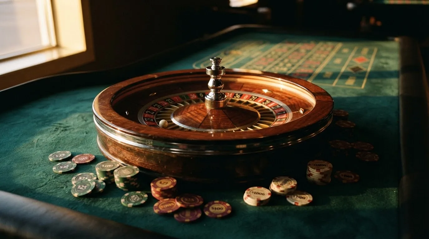 Roda de roleta e fichas sobre feltro verde, sob uma luz quente de fim de tarde — casinos grátis em portugal