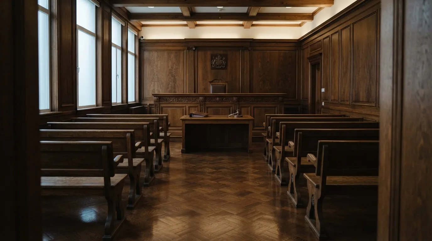 Sala de tribunal vazia com painéis de madeira, à luz da manhã — casinos legais em portugal