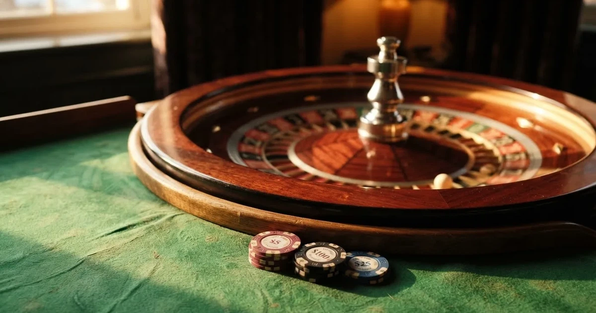 Roda de roleta e fichas sobre feltro verde, sob uma luz quente de fim de tarde — casinos legais em portugal