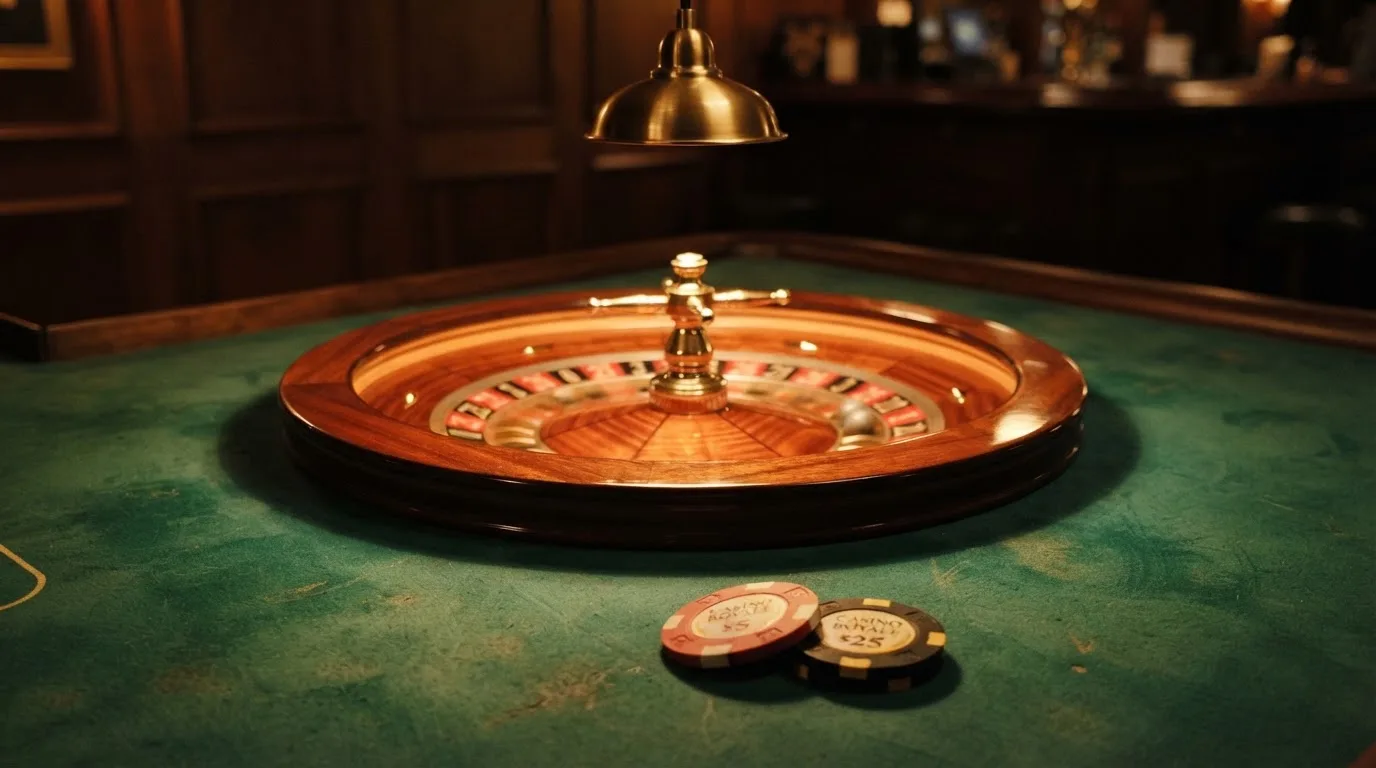 Roda de roleta e fichas sobre feltro verde, sob uma luz quente de fim de tarde — casinos online com depósito pt