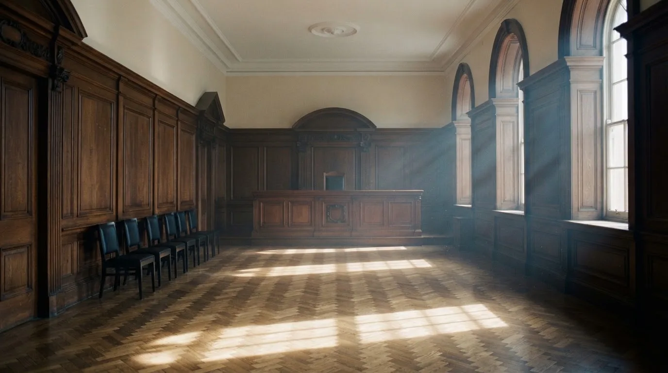 Sala de tribunal vazia com painéis de madeira, à luz da manhã — casinos online grátis em portugal
