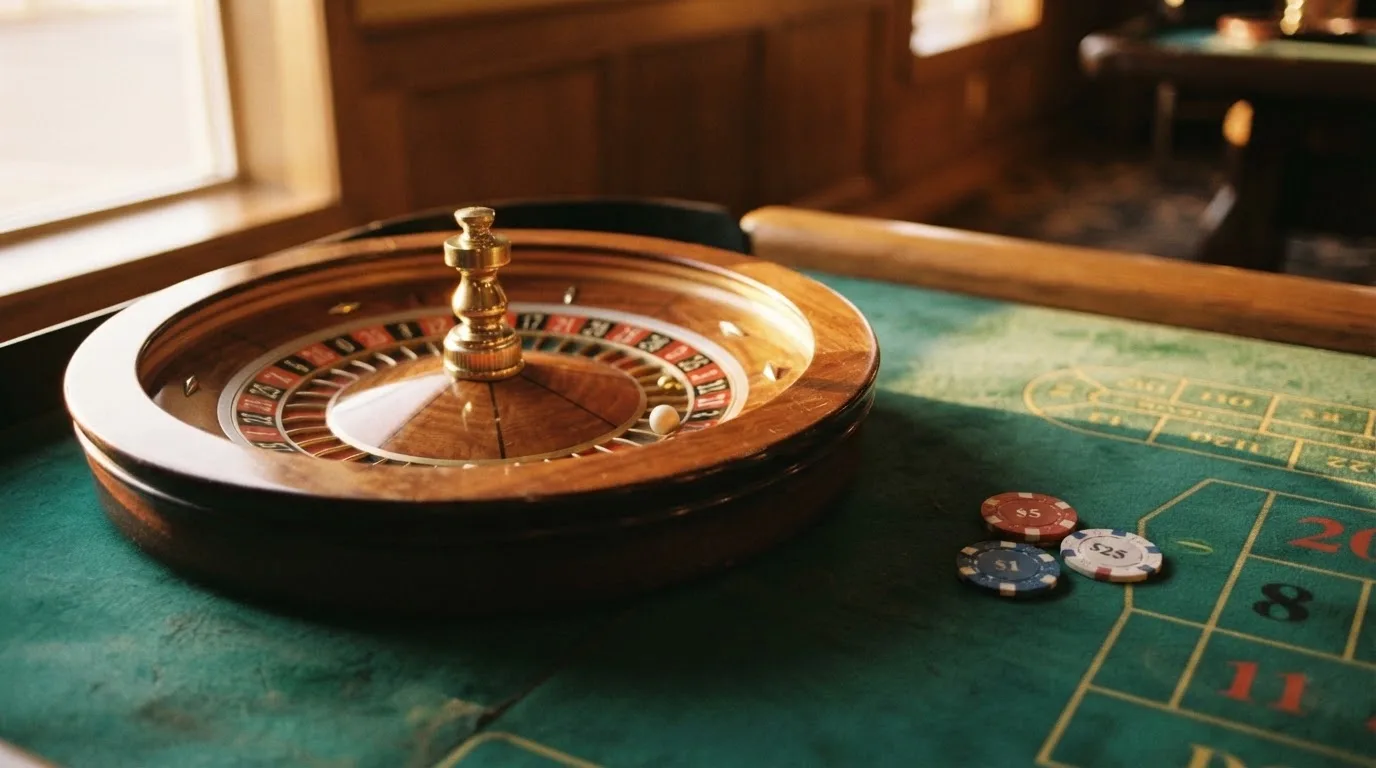 Roda de roleta e fichas sobre feltro verde, sob uma luz quente de fim de tarde — casinos online grátis em portugal