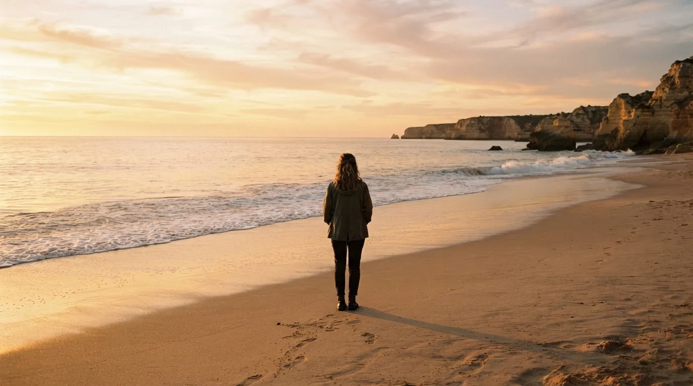 Pessoa de costas a olhar o mar numa praia do Algarve ao fim da tarde, com ar sereno e telemóvel guardado no bolso.