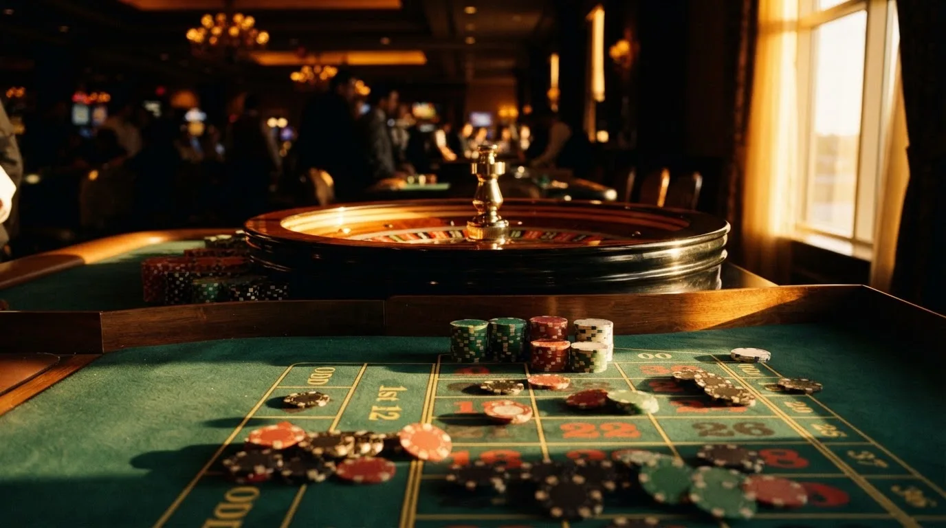 Roda de roleta e fichas sobre feltro verde, sob uma luz quente de fim de tarde — casinos online sem depósito pt