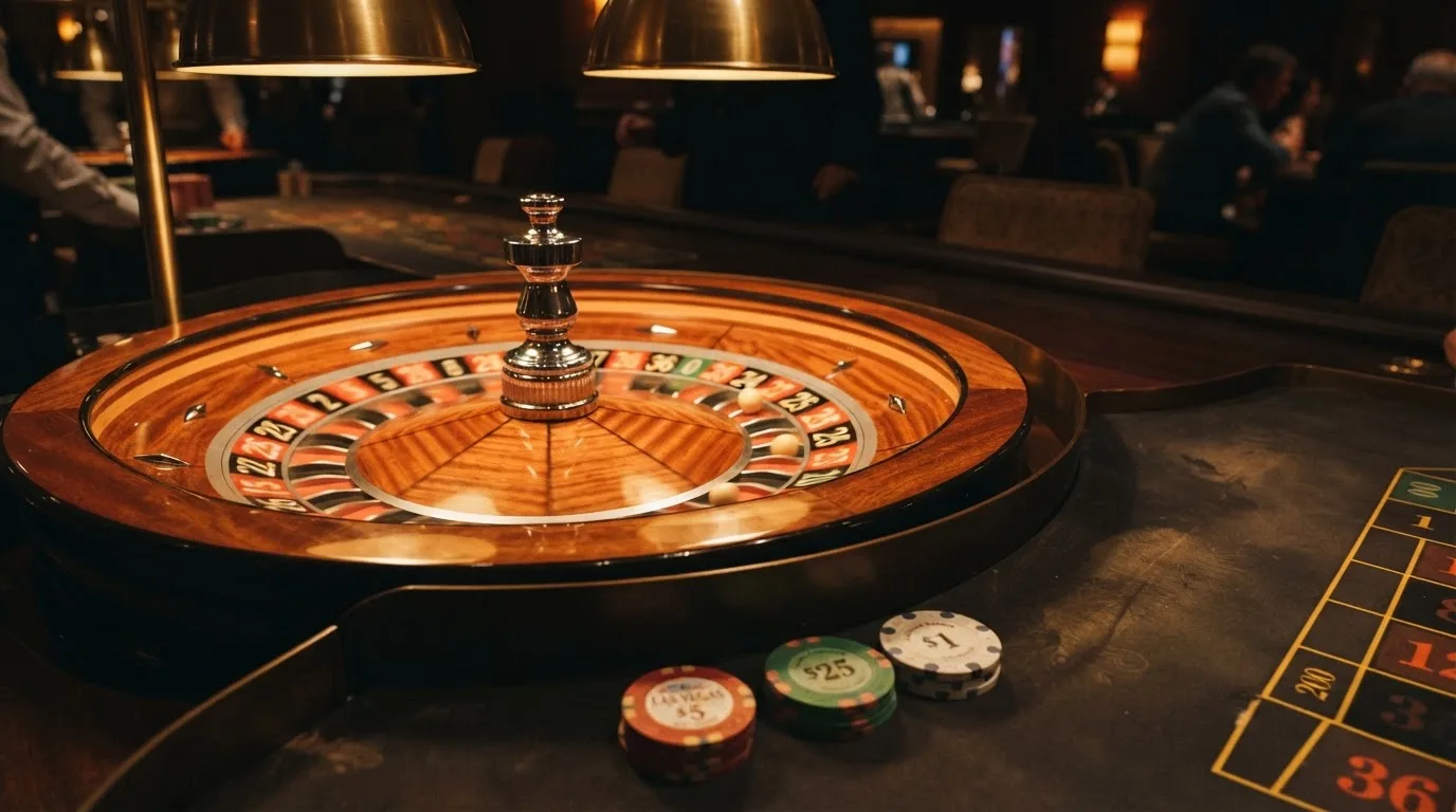 Roda de roleta e fichas sobre feltro verde, sob uma luz quente de fim de tarde — casinos para ganhar dinheiro pt