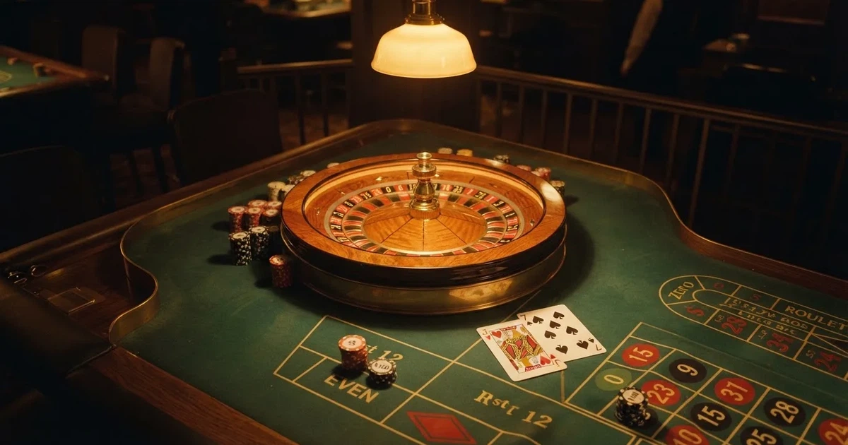 Mesa de jogo iluminada com cartas, vista de cima — cassino com roleta em portugal