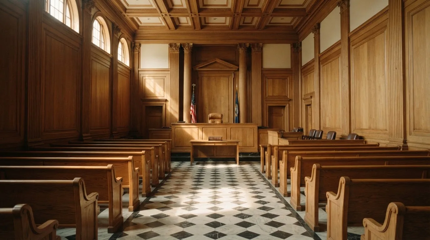 Sala de tribunal vazia com painéis de madeira, à luz da manhã — cassino grátis em portugal