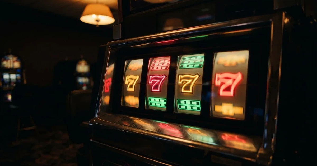 Rolos luminosos de uma slot machine numa sala escura, em grande plano — cassino grátis em portugal