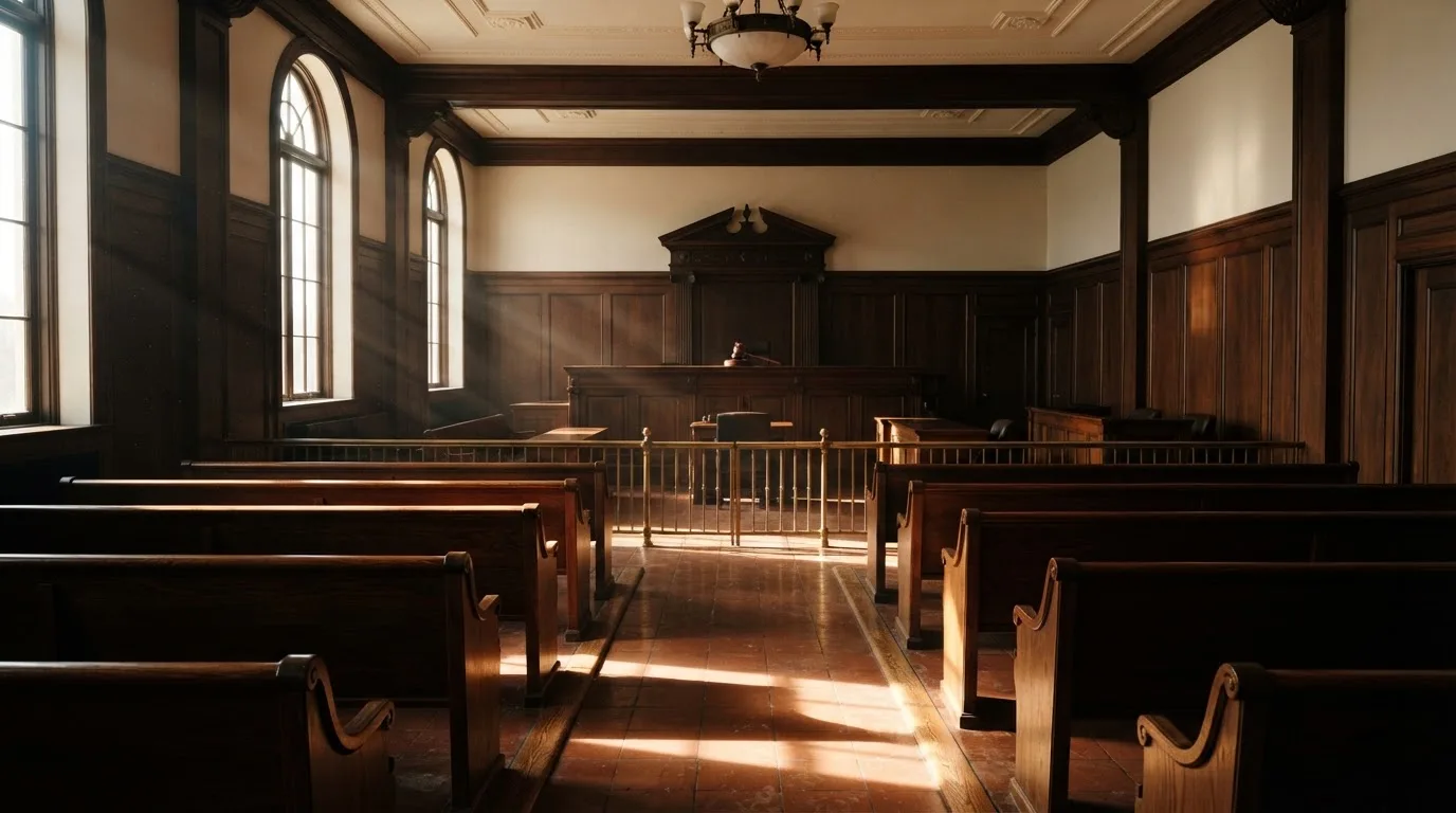 Sala de tribunal vazia com painéis de madeira, à luz da manhã — cassino sem verificação em portugal