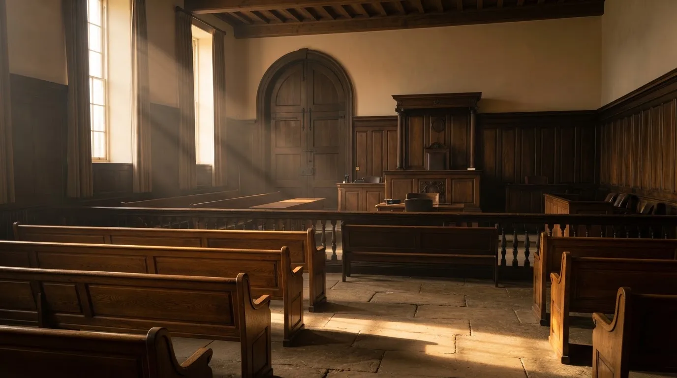 Sala de tribunal vazia com painéis de madeira, à luz da manhã — cassinos ao vivo em portugal
