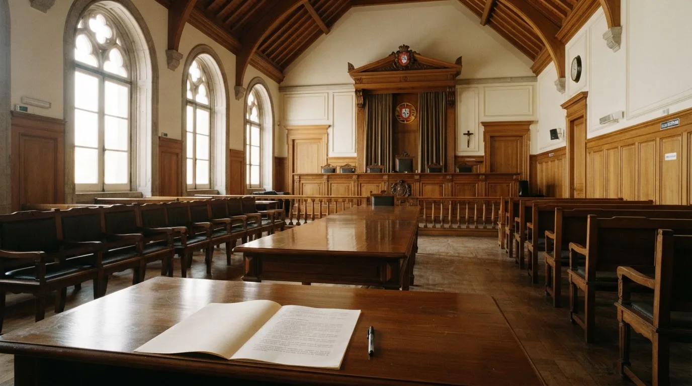 Sala de tribunal vazia com painéis de madeira, à luz da manhã — cassinos com bitcoin em portugal