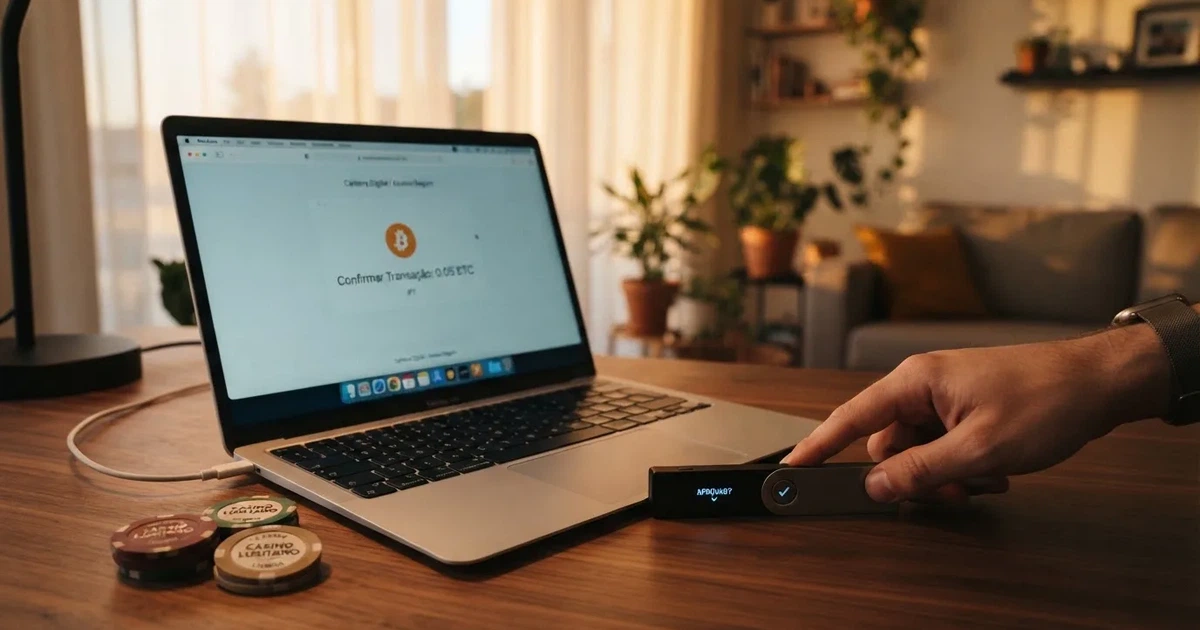 Carteira de hardware e computador portátil numa secretária, com luz suave — cassinos com bitcoin em portugal