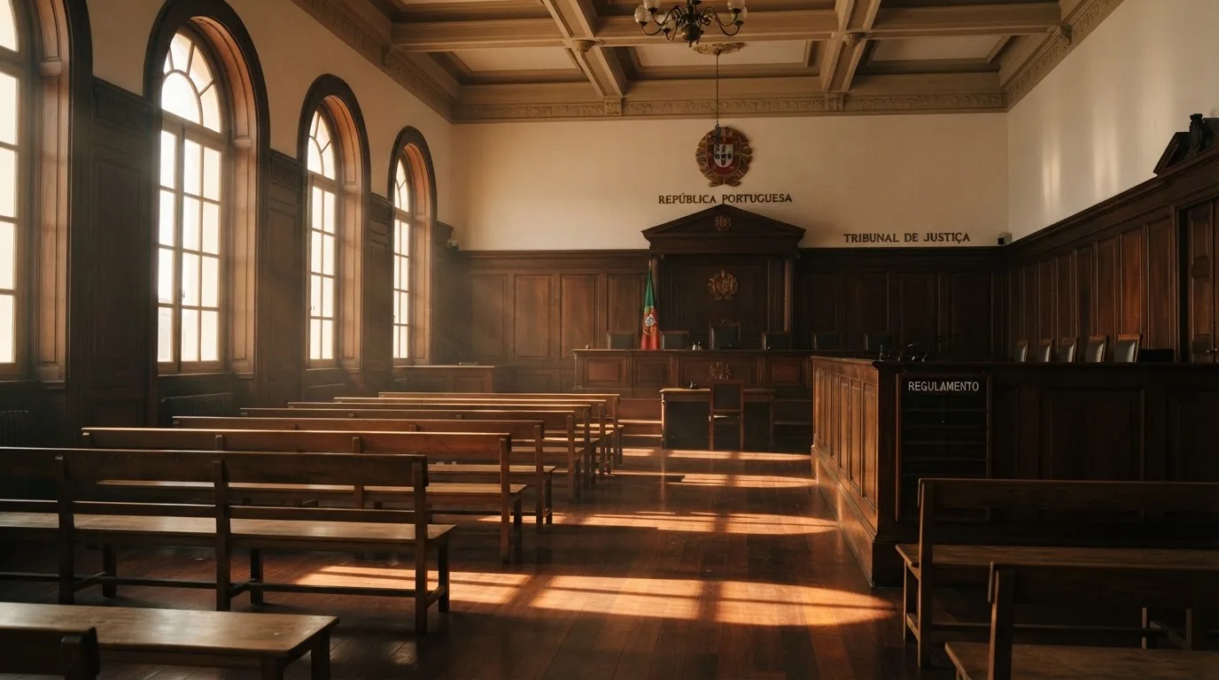 Sala de tribunal vazia com painéis de madeira, à luz da manhã — cassinos de criptomoedas pt