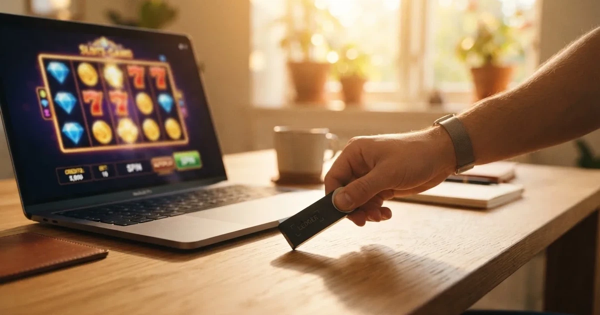 Carteira de hardware e computador portátil numa secretária, com luz suave — cassinos de criptomoedas pt