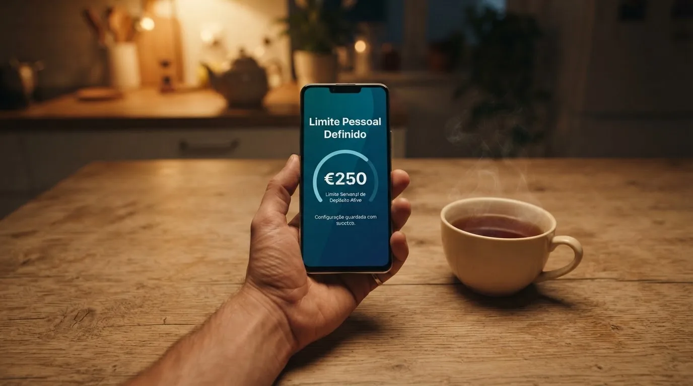 Mão a segurar um telemóvel ao lado de uma chávena de chá numa mesa de cozinha, numa noite tranquila — cassinos online em portugal