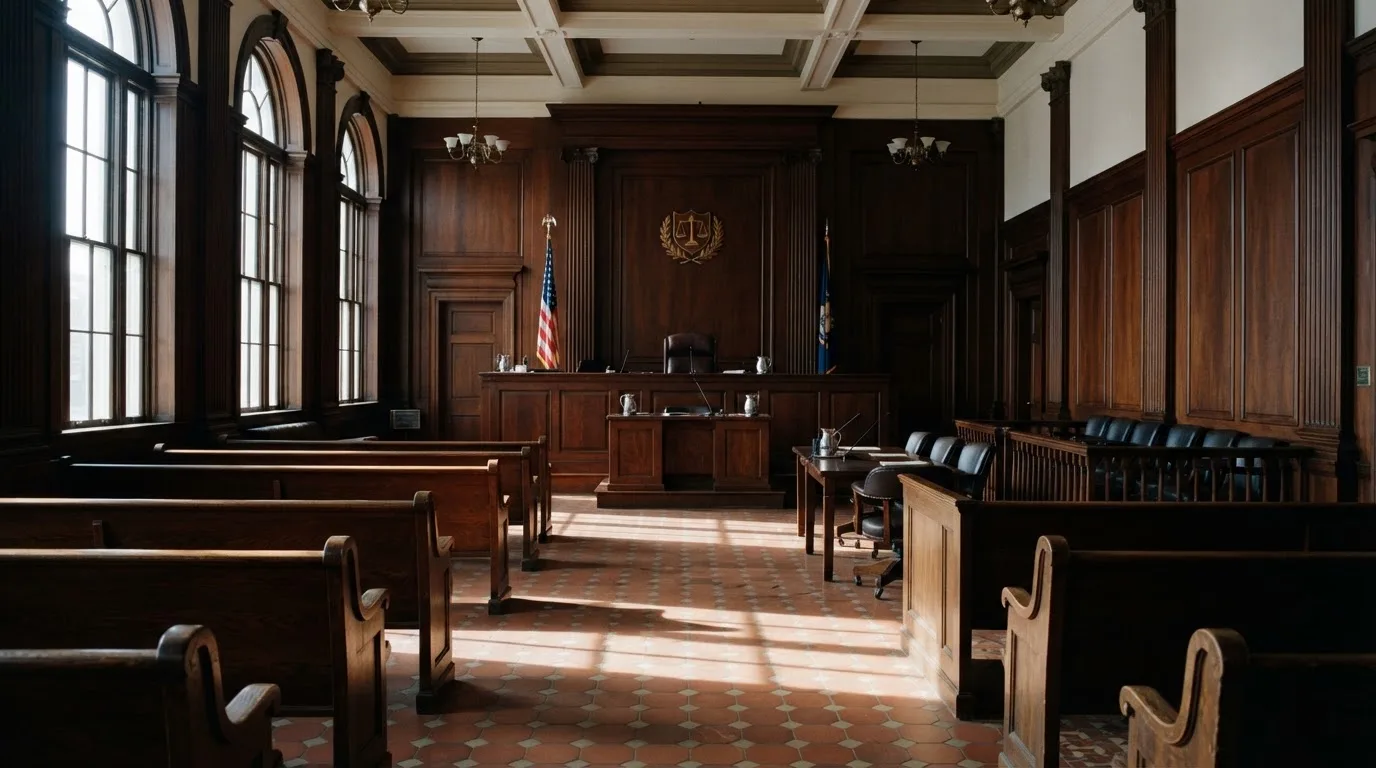 Sala de tribunal vazia com painéis de madeira, à luz da manhã — cassinos online em portugal