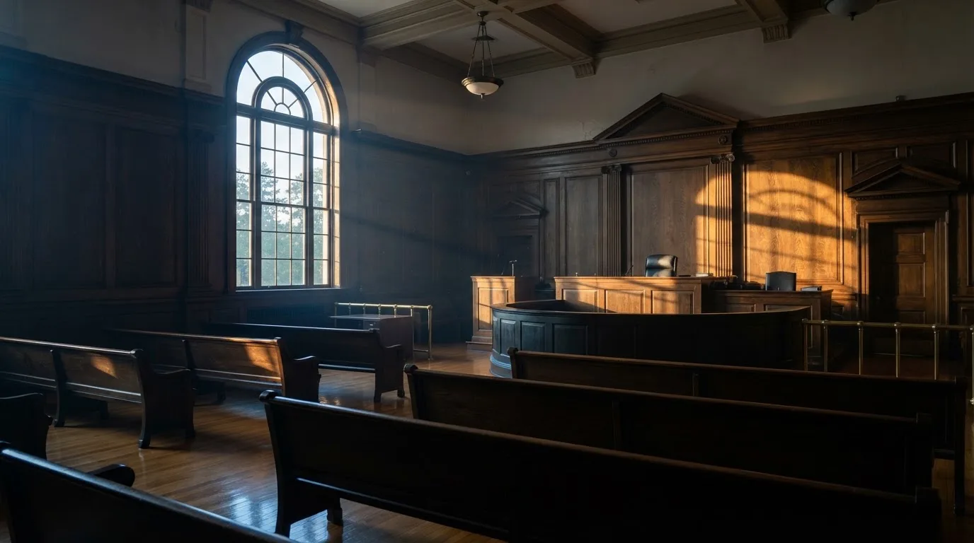 Sala de tribunal vazia com painéis de madeira, à luz da manhã — cassinos sem kyc em portugal