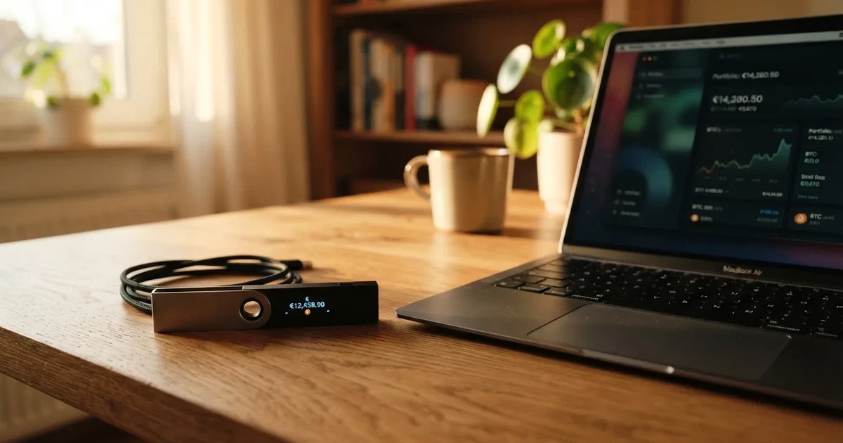 Carteira de hardware e computador portátil numa secretária, com luz suave — cassinos sem kyc em portugal